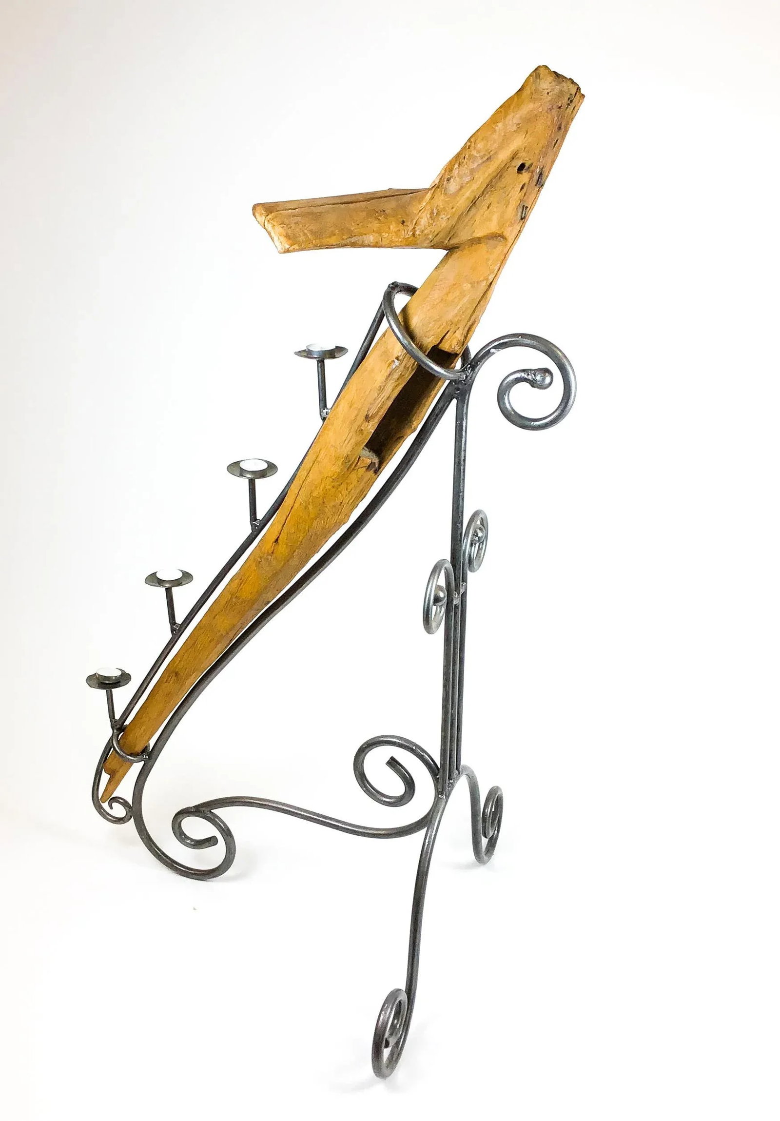 Antique Artisan Wooden Plow Sculpture Candle Holder - 10
