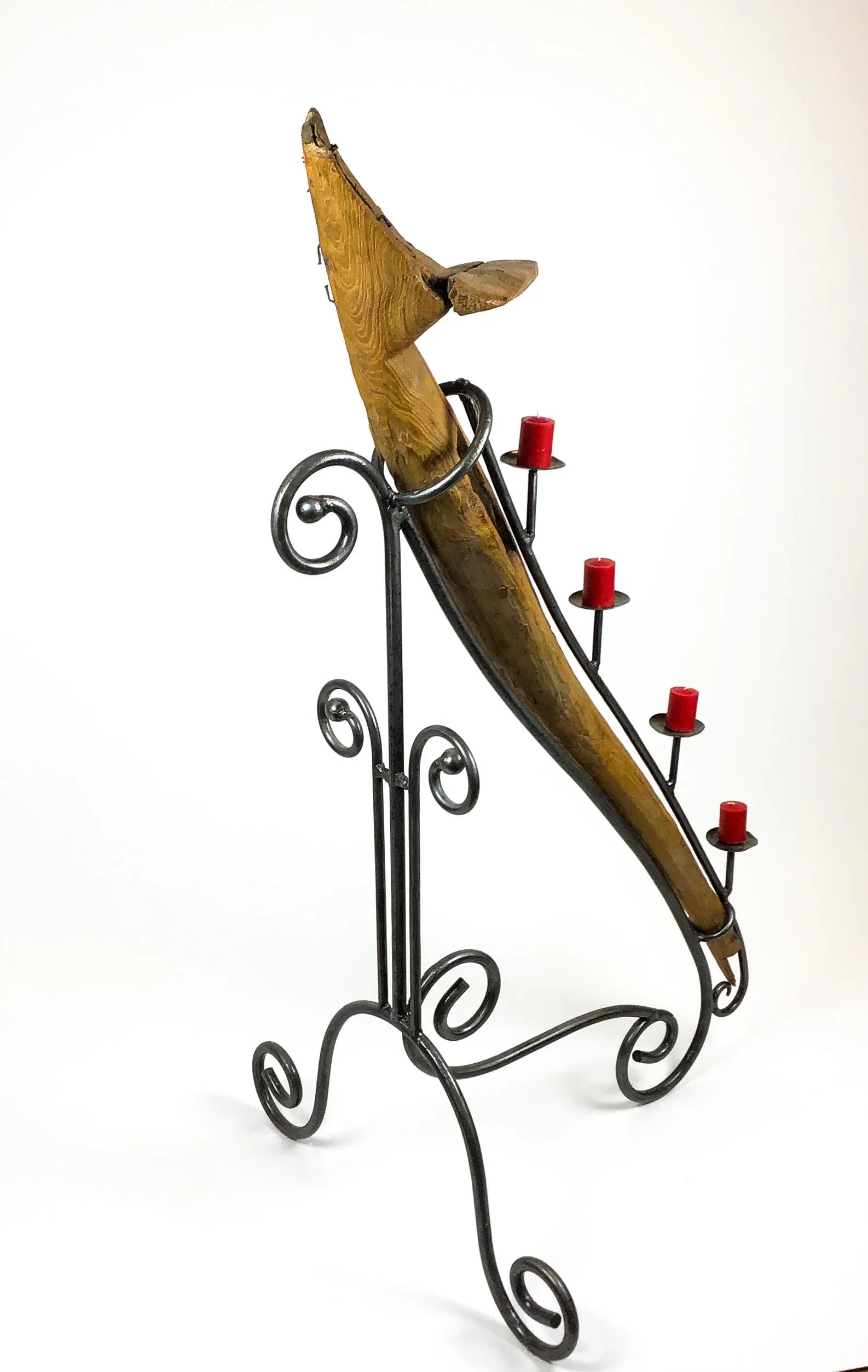 Antique Artisan Wooden Plow Sculpture Candle Holder - 13