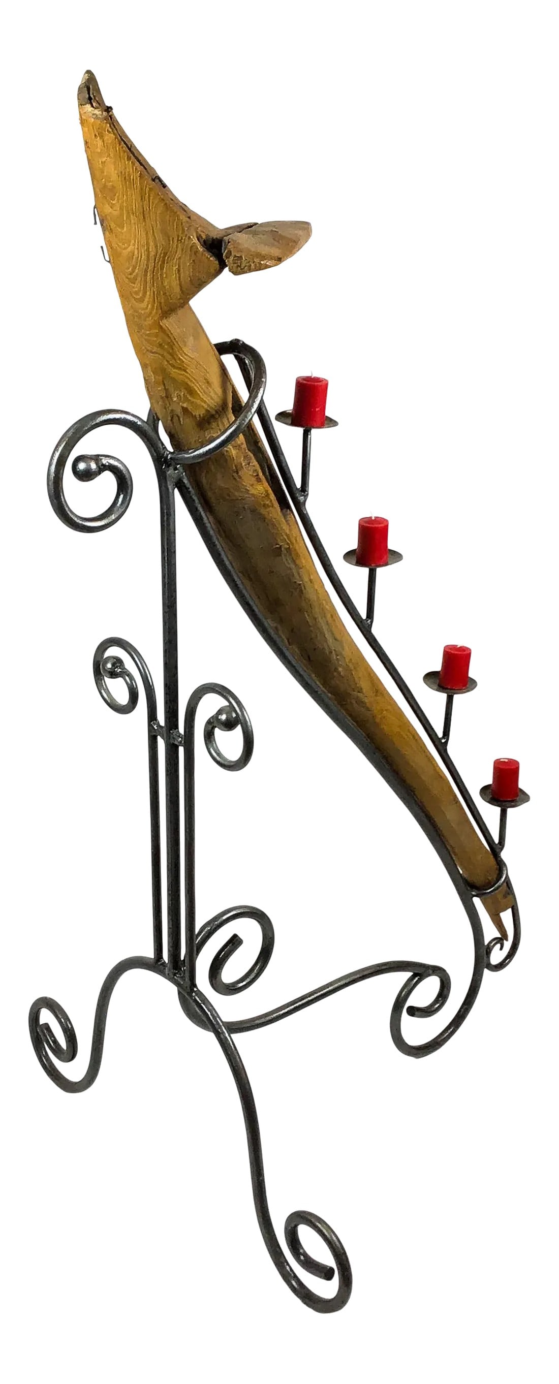 Antique Artisan Wooden Plow Sculpture Candle Holder: Magnificent work of art using an antique wooden farm plow from Vietnam. Skilled artisan made wrought iron holder with small candleholders has been customized to hold the plow in a very graceful and st