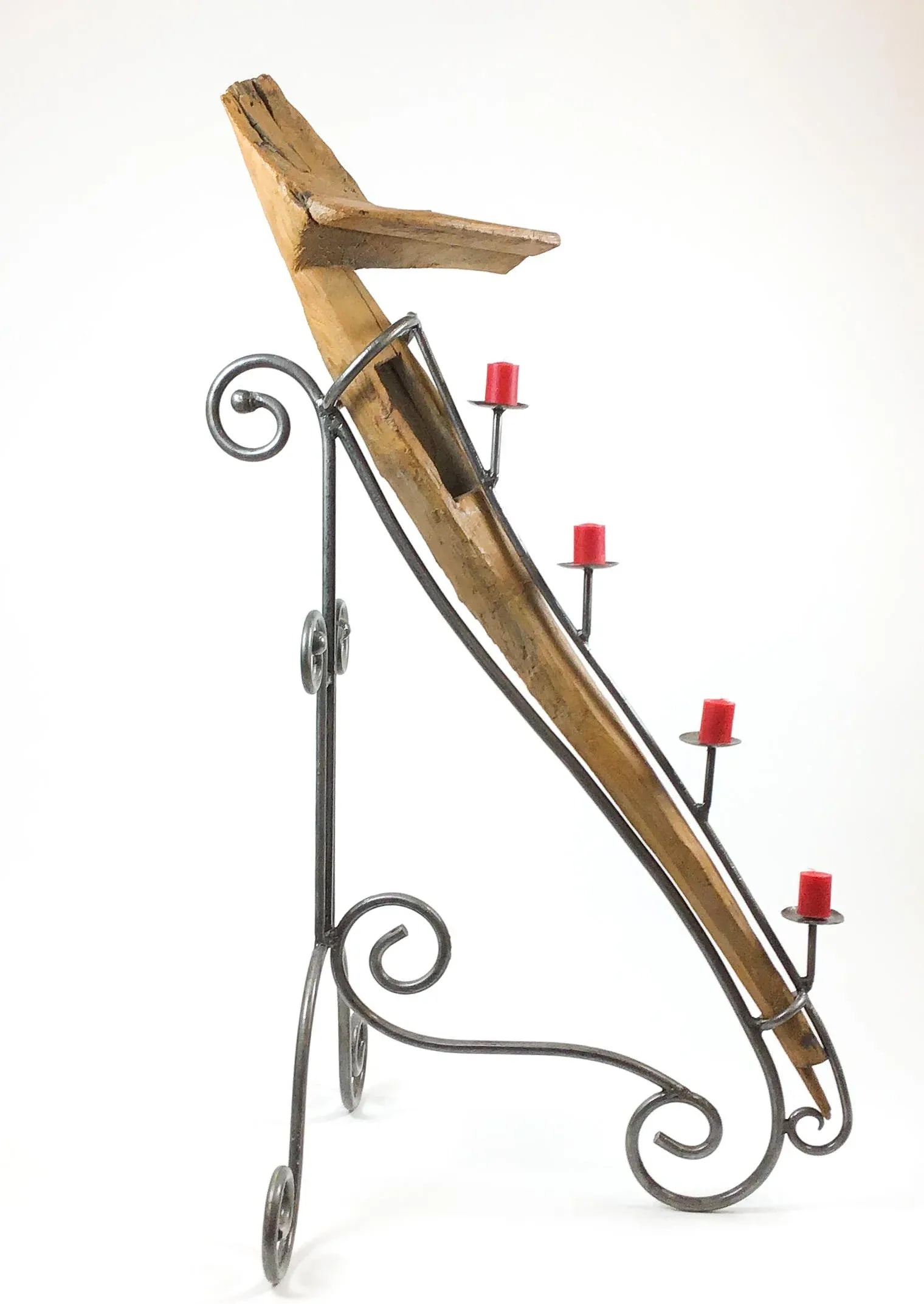 Antique Artisan Wooden Plow Sculpture Candle Holder - 9