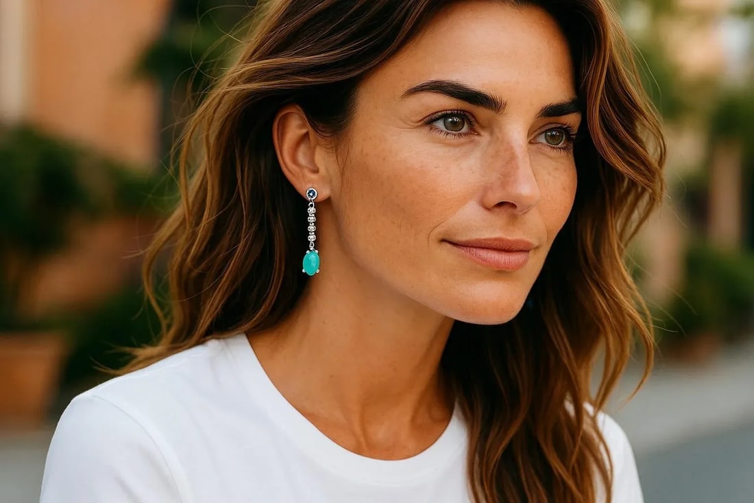 14k White Gold Turquoise, Diamond & Sapphire Hoop Drop Earrings, A Pair - 2