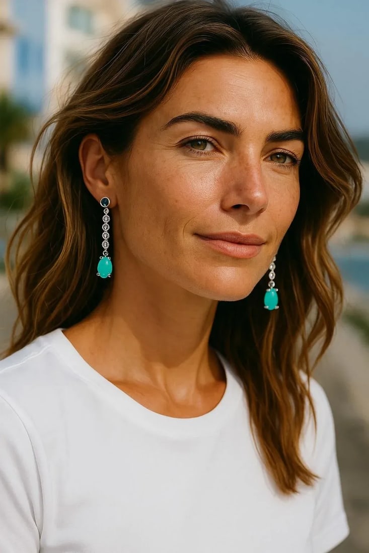 14k White Gold Turquoise, Diamond & Sapphire Hoop Drop Earrings, A Pair - 4