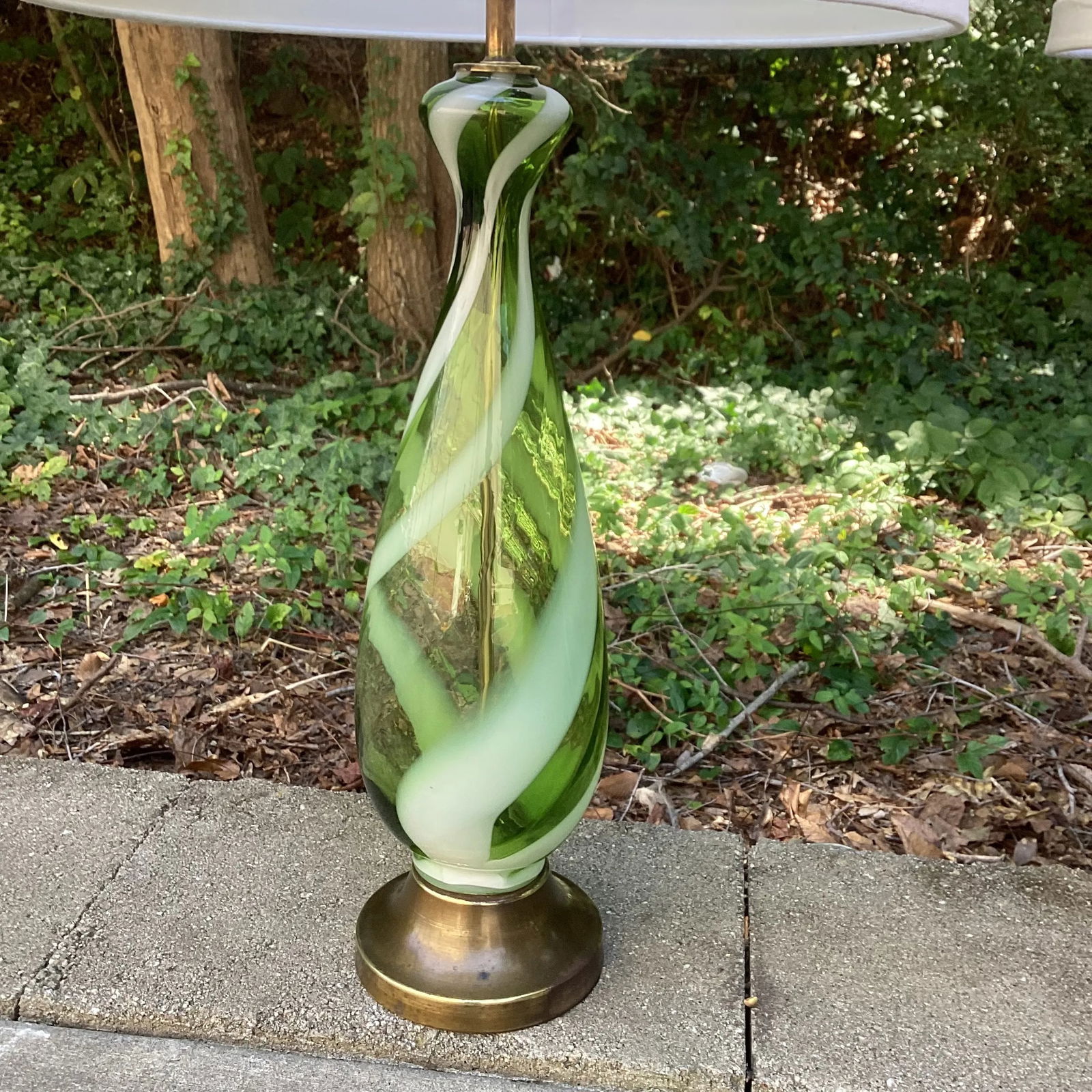 Restored Pair of Green and White Candy Stripe Murano Attributed Lamps With Linen Drum Shades - 2