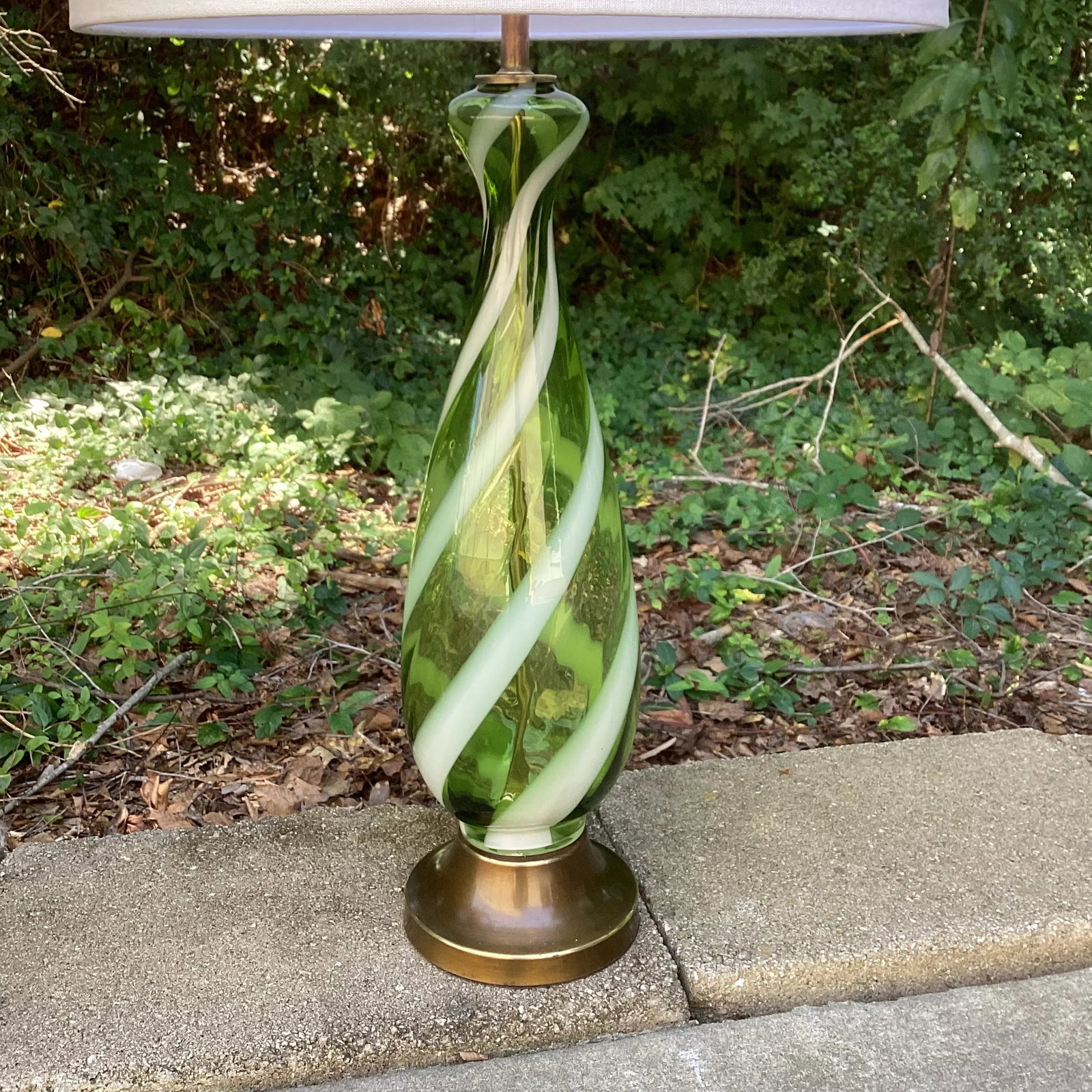 Restored Pair of Green and White Candy Stripe Murano Attributed Lamps With Linen Drum Shades - 3