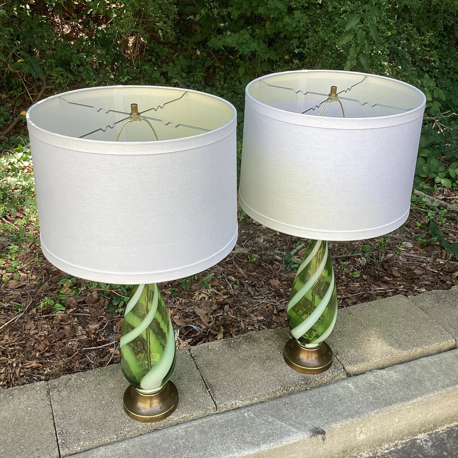 Restored Pair of Green and White Candy Stripe Murano Attributed Lamps With Linen Drum Shades - 6