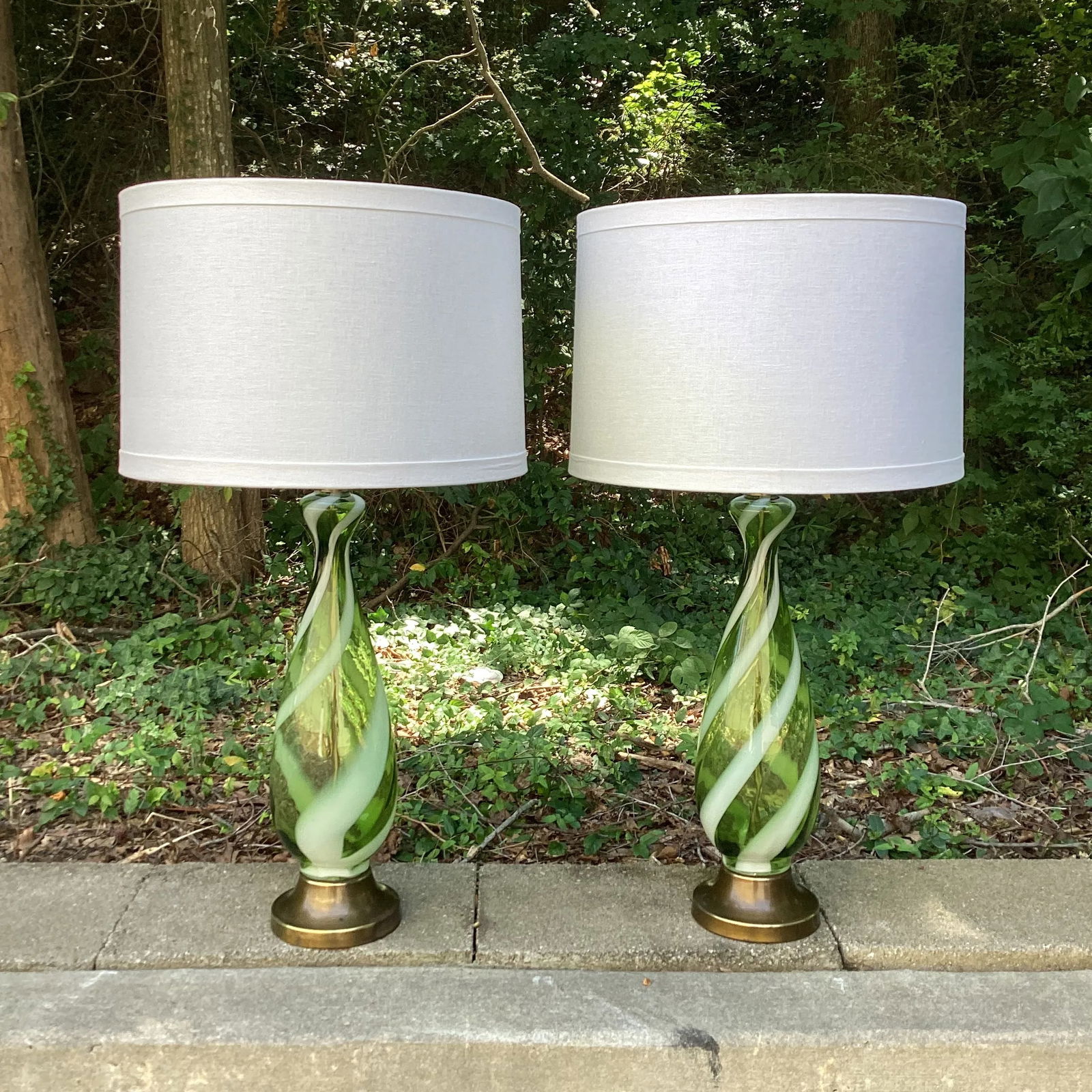Restored Pair of Green and White Candy Stripe Murano Attributed Lamps With Linen Drum Shades - 7