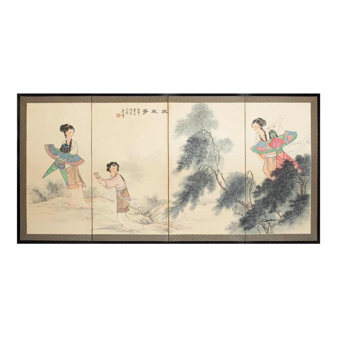 C. 1970s Chinoiserie Painted Screen "Flying Kites": Stunning Chinoiserie Style painted 4-Panel folding screen, depicting landscape with beautiful girls flying kites. Signed and sealed by artist. Gouache, watercolor and ink on silk. Silk border. Lacquer