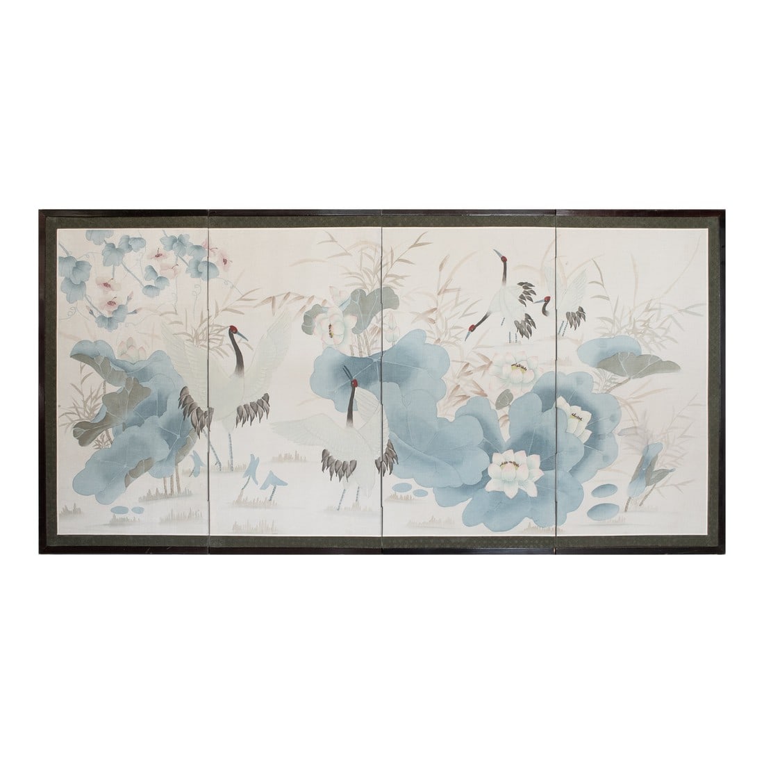 C. 1980s Chinoiserie Style Painted Silk Screen "Dancing Red-Crowned Cranes and Lotus": Stunning Chinoiserie style painted 4-Panel folding screen, depicting a graceful scene with Dancing Red-Crowned Cranes and Lotus Flowers and Leaves. Unsigned. Gouache, watercolor and ink on silk. Silk
