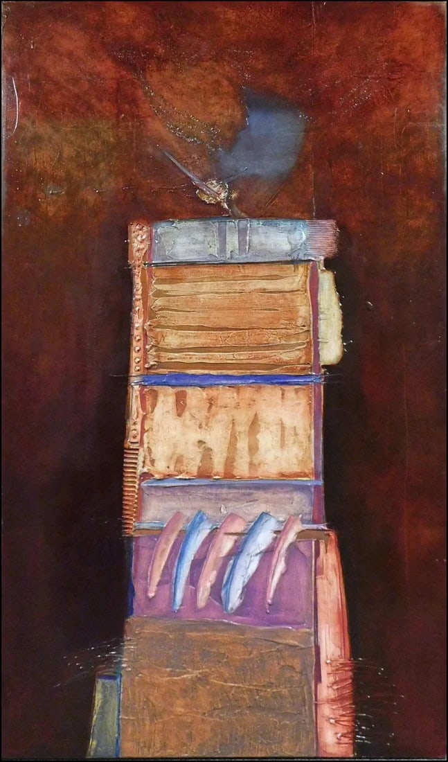 Enrico Embroli "Totem Series #88-1" Original Painting on Canvas Hand Signed: Totem, Series #88-1 by Enrico Embroli Original Mixed Media Painting on Canvas Hand Signed in side of canvas and the back Unframed, on stretched canvas Size: 46" x 80" Certificate of Authenticity and a