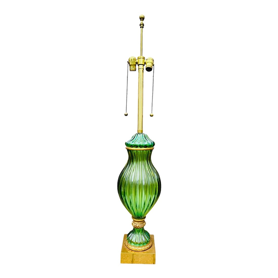 Seguso Green Murano Glass Table Lamp With Bronze Ormolu Mounts, Circa 1960: A striking hand-blown Murano glass table lamp made by Seguso for The Marbro Lamp Company, dating to the 1960s. The richly colored body exhibits a distinctive baluster form with vertical ribbing in bri