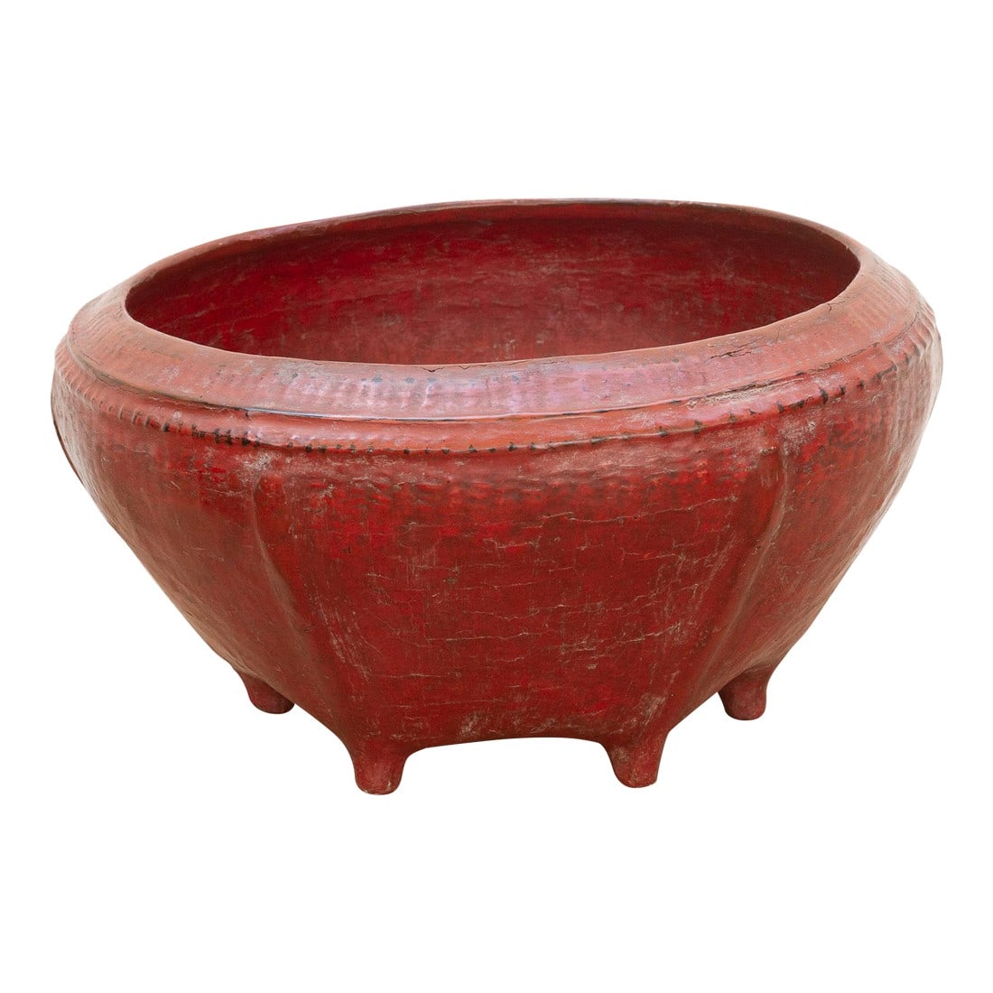 Large Antique Red Lacquered Burmese Basket: This piece carries with it the soul of a rural village in Burma. Originally, this was a humble grain or rice basket, meticulously hand-woven from natural rattan or bamboo. Its simple, functional form