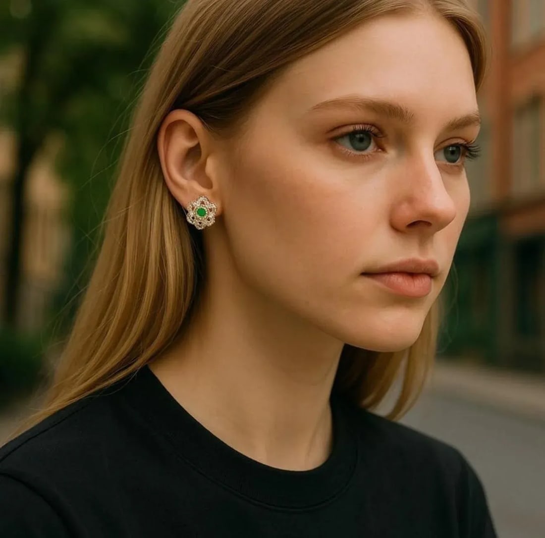 Emerald Pave Diamonds 1.50 Carat Floral 14 Karat Yellow Gold Earrings, A Pair - 4