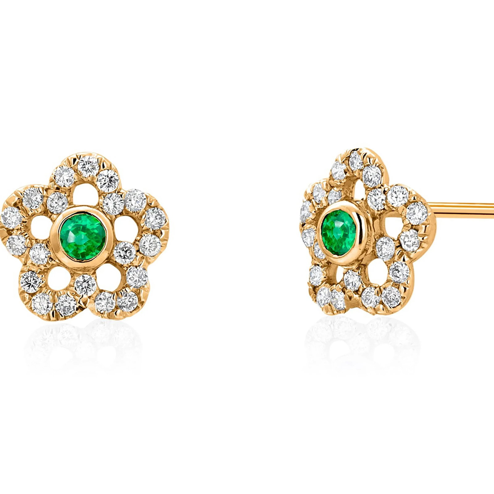 Emerald Pave Diamonds 1.50 Carat Floral 14 Karat Yellow Gold Earrings, A Pair - 5