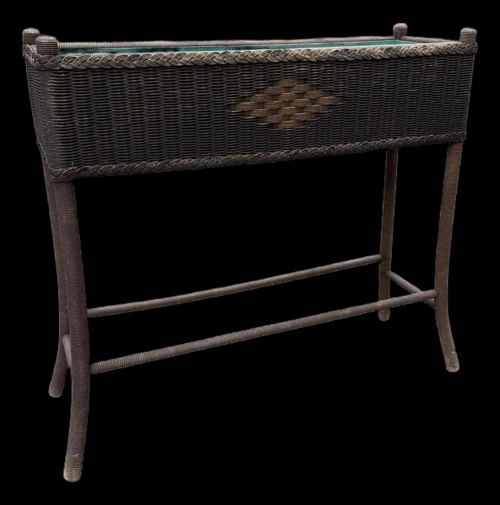 Antique Woven Hemp Plant Stand Wood Turned Spindle Legs - 2