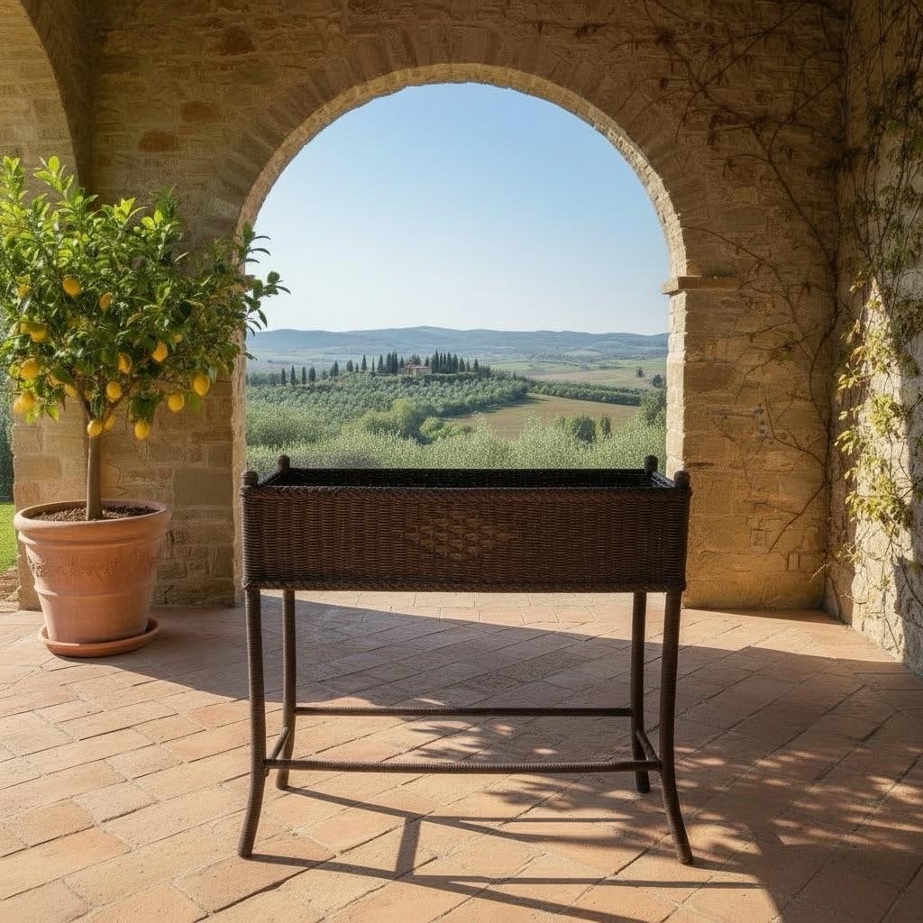 Antique Woven Hemp Plant Stand Wood Turned Spindle Legs - 9