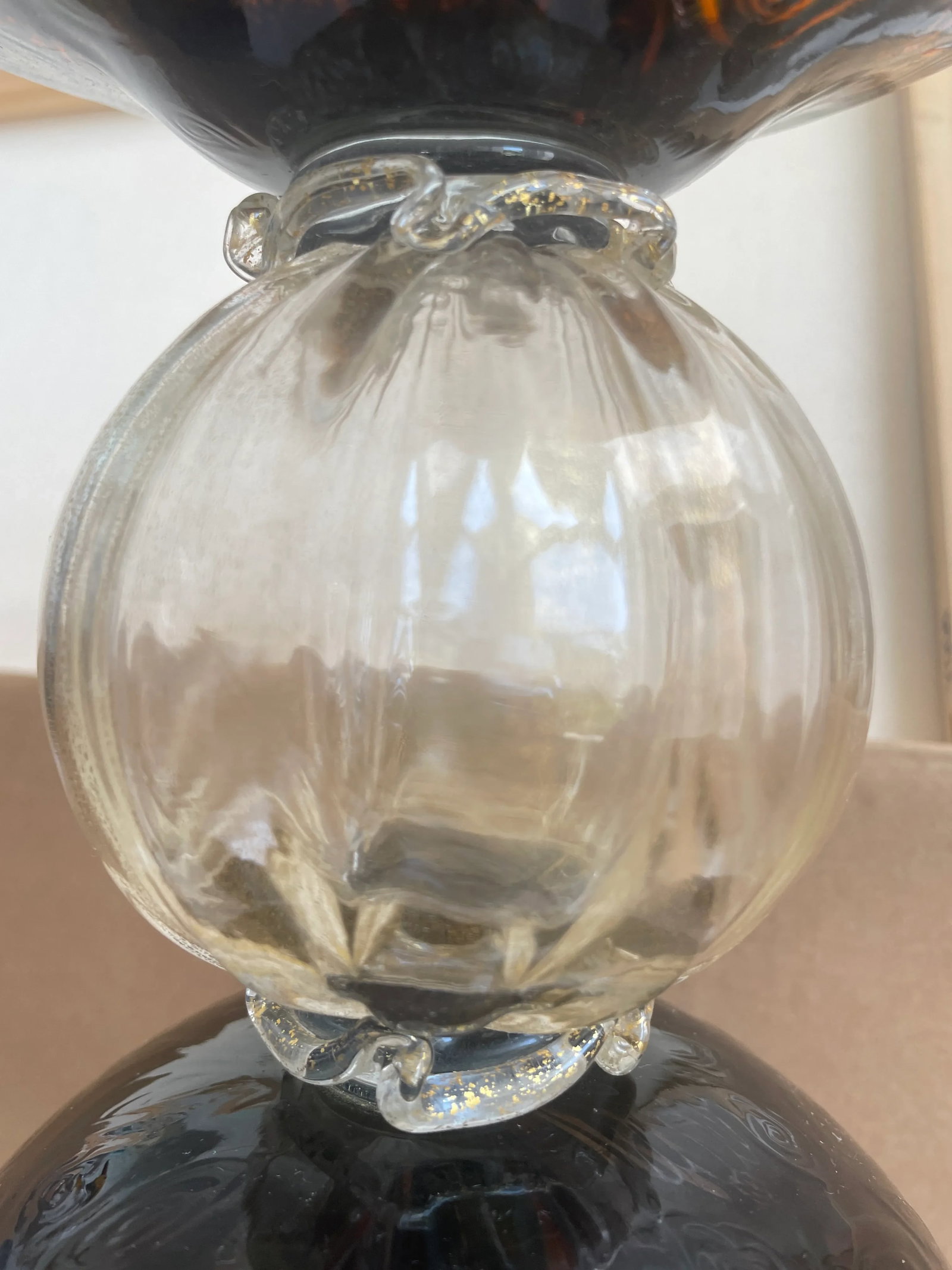 Large Collectible, Hand-Blown Amber-Colored Murano Art Glass Vase With Green and Purple Murrine by M - 12