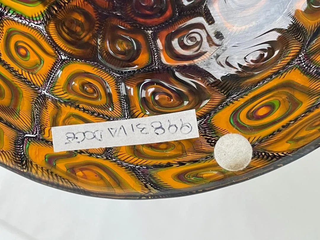 Large Collectible, Hand-Blown Amber-Colored Murano Art Glass Vase With Green and Purple Murrine by M - 14