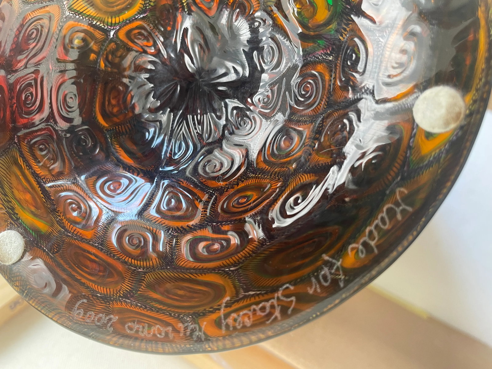 Large Collectible, Hand-Blown Amber-Colored Murano Art Glass Vase With Green and Purple Murrine by M - 16