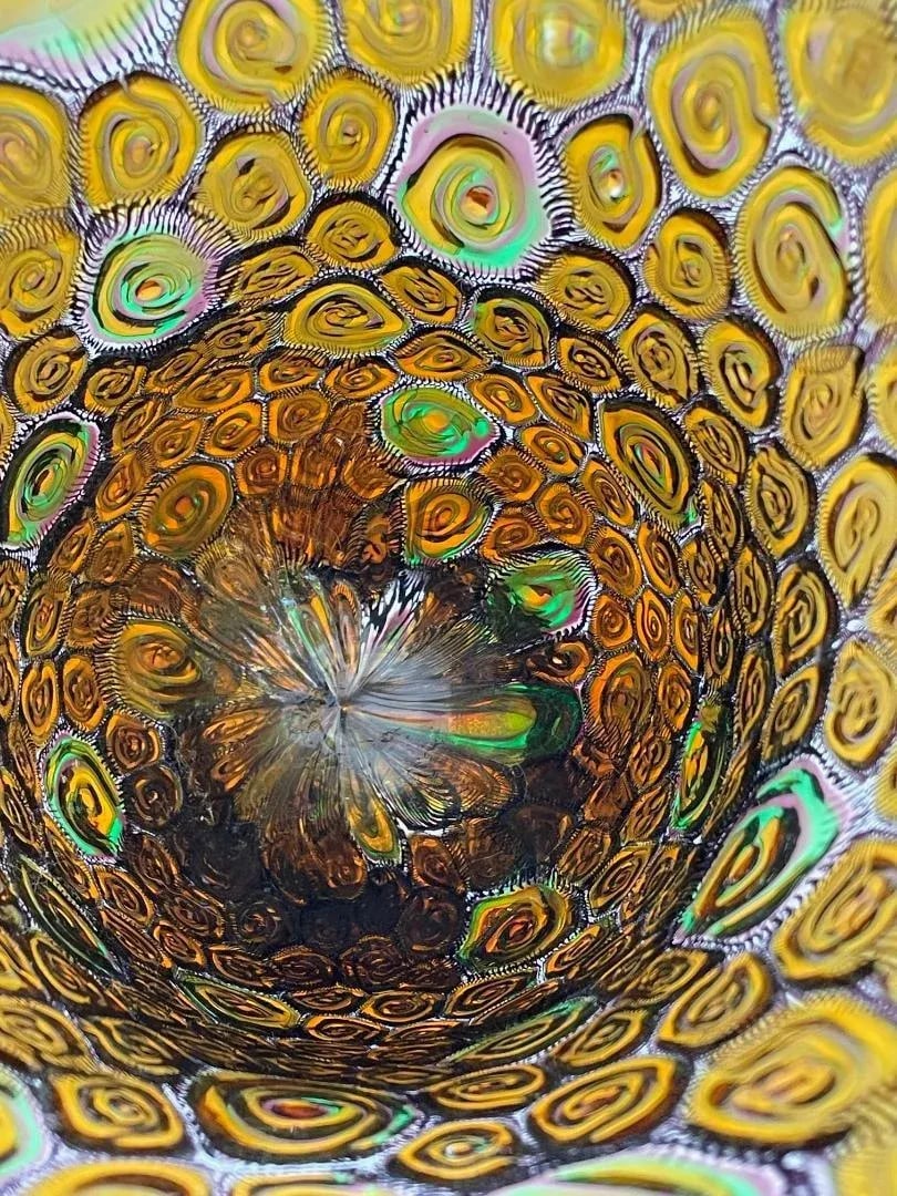 Large Collectible, Hand-Blown Amber-Colored Murano Art Glass Vase With Green and Purple Murrine by M - 2