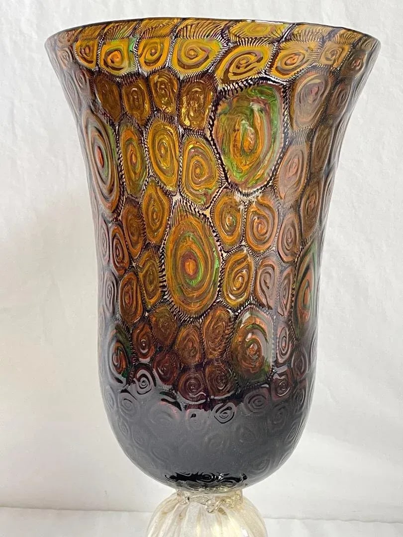 Large Collectible, Hand-Blown Amber-Colored Murano Art Glass Vase With Green and Purple Murrine by M - 3