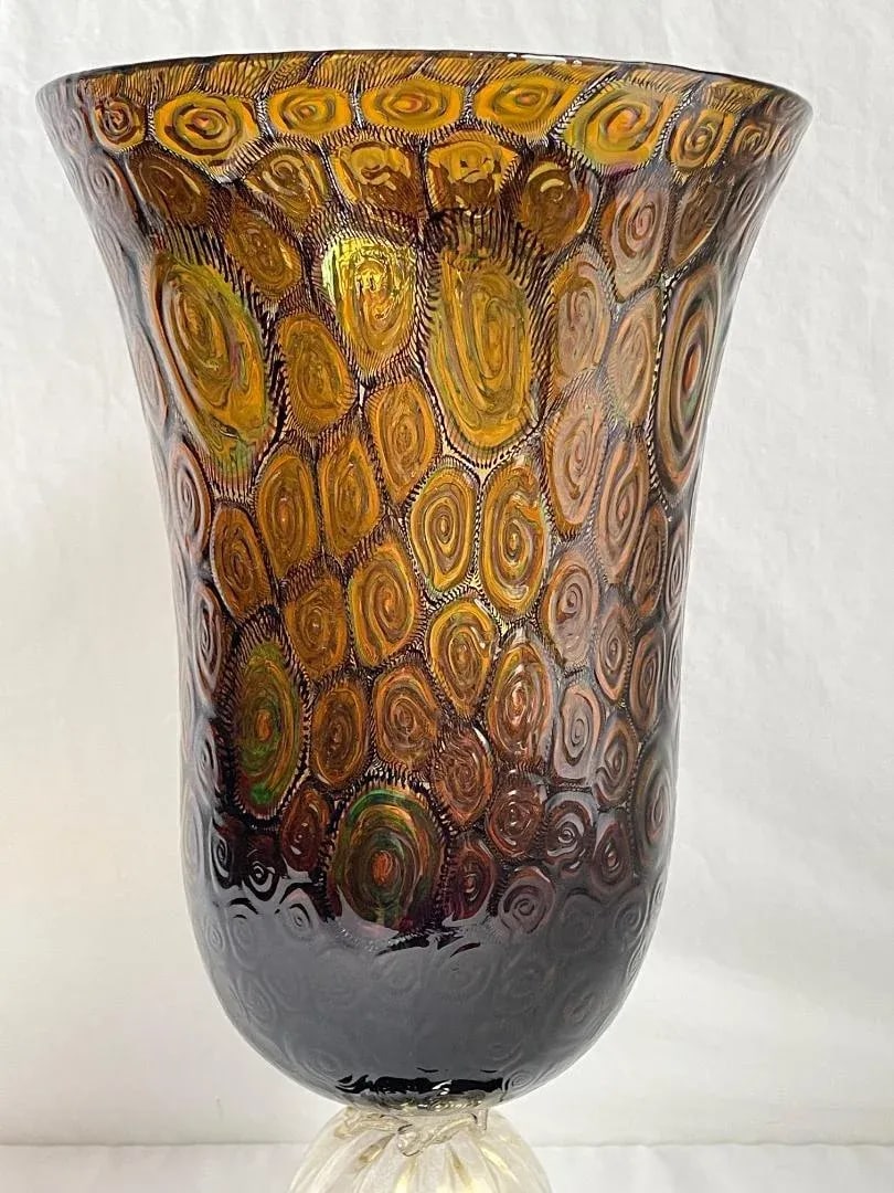 Large Collectible, Hand-Blown Amber-Colored Murano Art Glass Vase With Green and Purple Murrine by M - 4