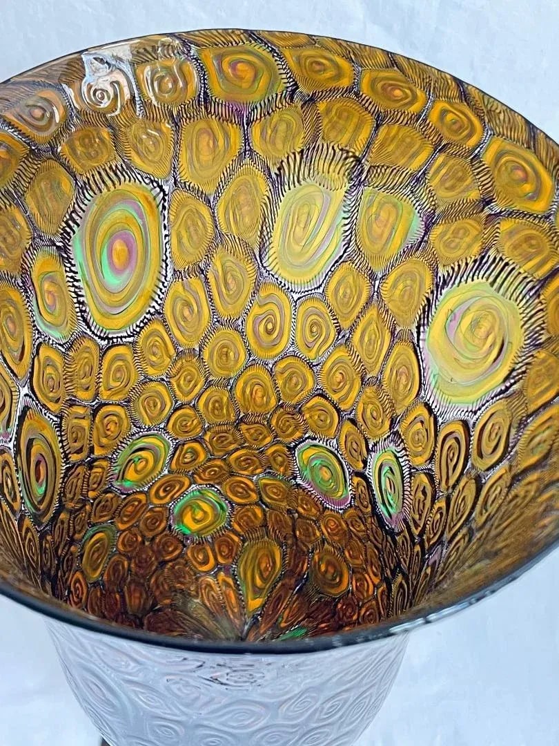 Large Collectible, Hand-Blown Amber-Colored Murano Art Glass Vase With Green and Purple Murrine by M - 6