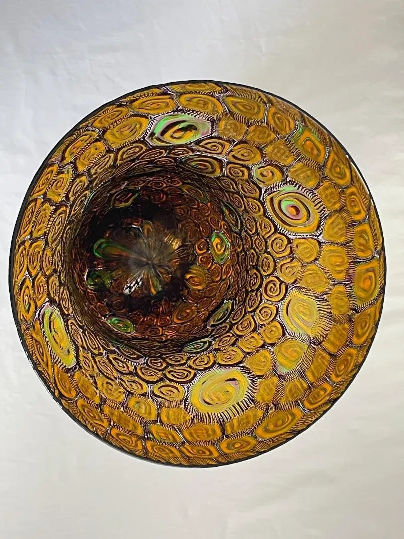 Large Collectible, Hand-Blown Amber-Colored Murano Art Glass Vase With Green and Purple Murrine by M - 7