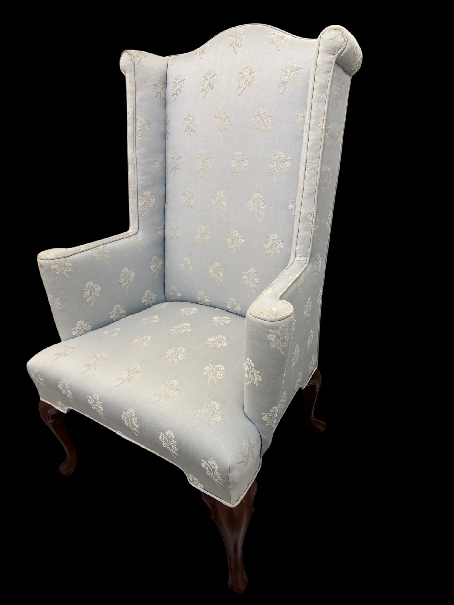Baker Furniture Attributed Blue Damask Wingback Chairs - A Pair - 2