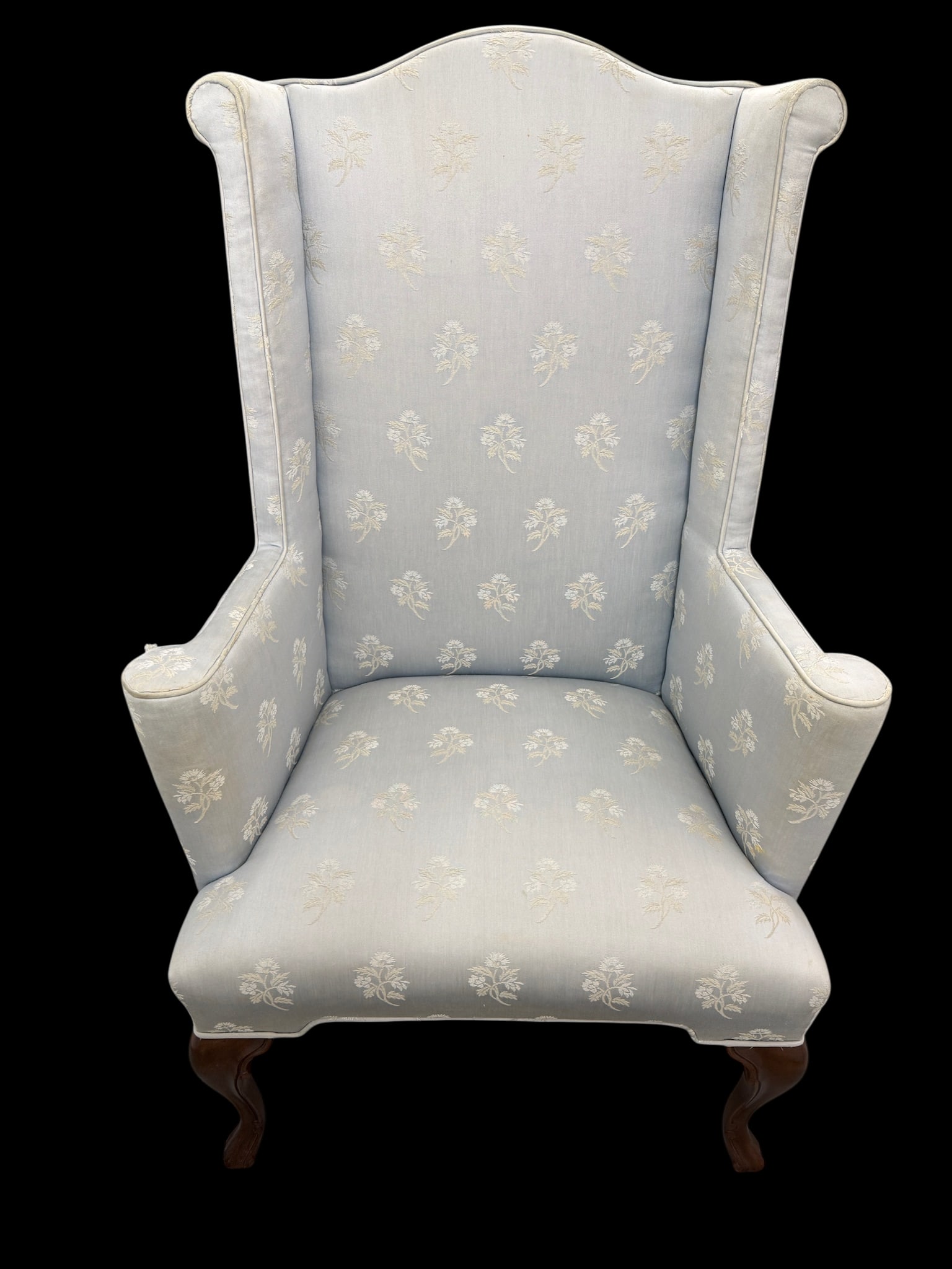 Baker Furniture Attributed Blue Damask Wingback Chairs - A Pair - 4