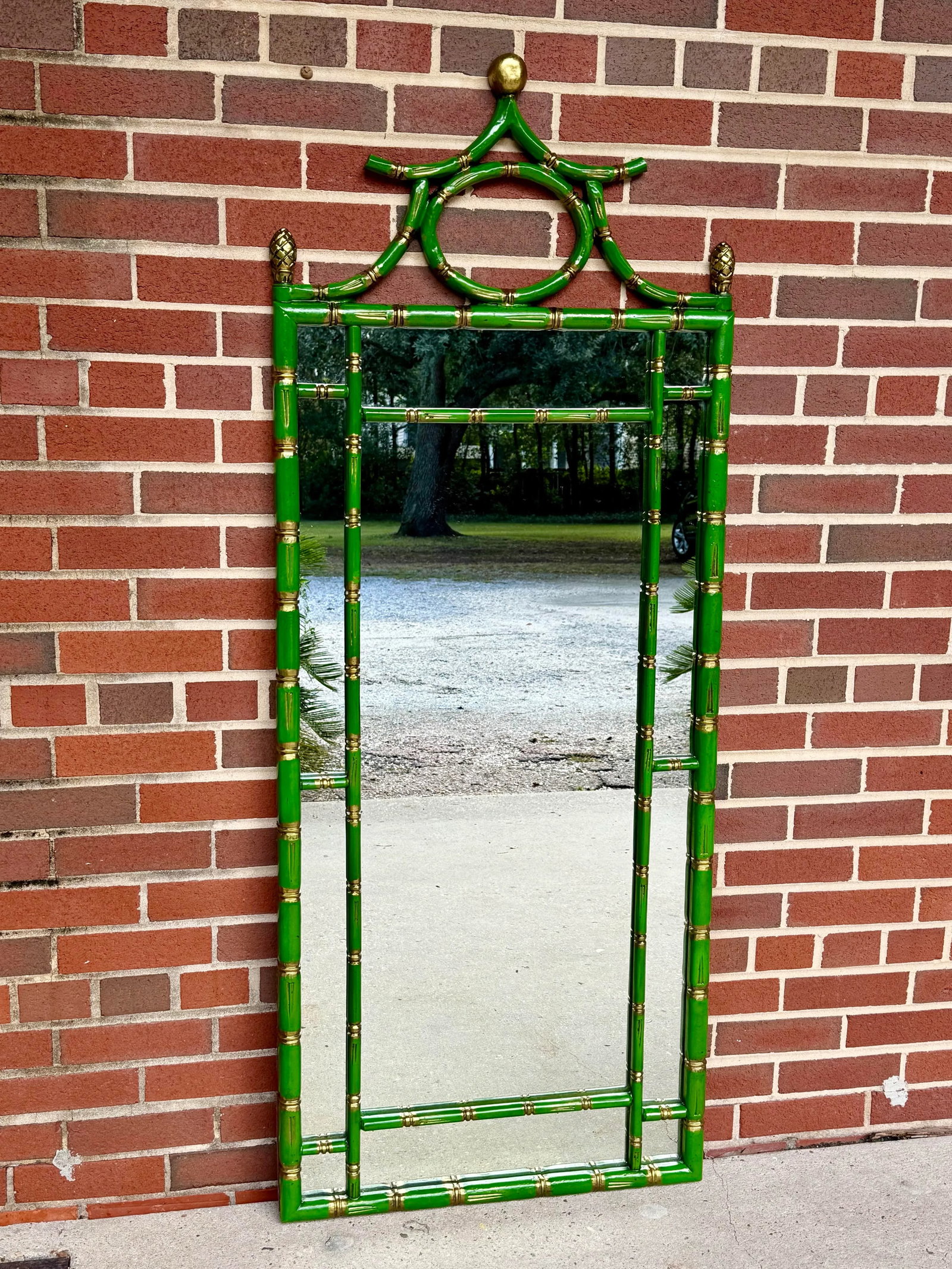 Vintage Palm Beach Regency Pagoda Style Faux Bamboo Full Length Wall Mirror - Newly Painted Green an - 6