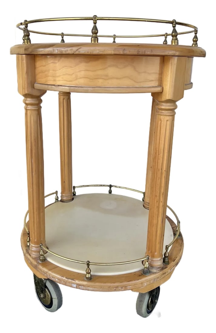 1960s Wooden Round Bar Cart on Wheels, Tea Cart: Mid Century ,1960s Bar Cart. Sturdy wood frame on large caster wheels. Rolls easily and smoothly. Stands 37 Inches Tall. Great for storing beverages and moving them around your home. The top table she
