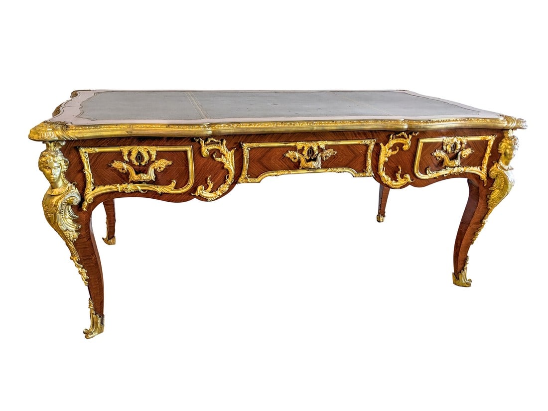 Luxuriance! Antique Beautiful Majestic French Table 19th Century Louis XV Style: Modeled after the original period Louis XV bureau plat, this majestic French desk will bring sophistication and class to any office, executive suite or living room. It will be an attention grabber. It