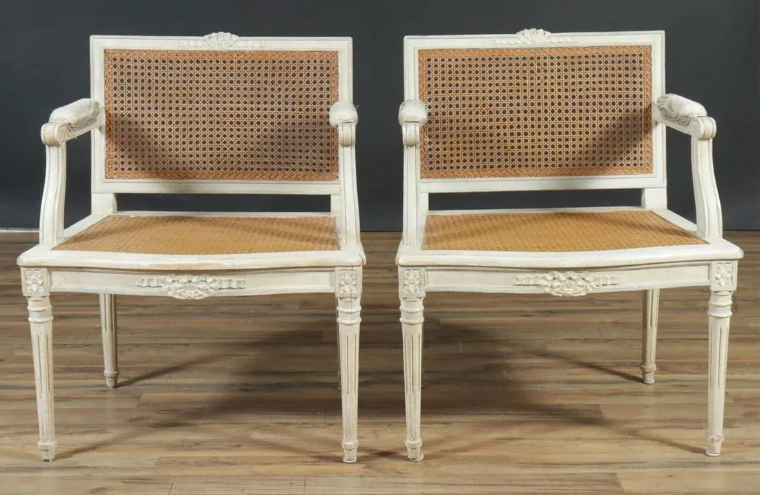 Early 20th Century Louis XVI Style French Fauteils Chairs With Cane and Paint - 2