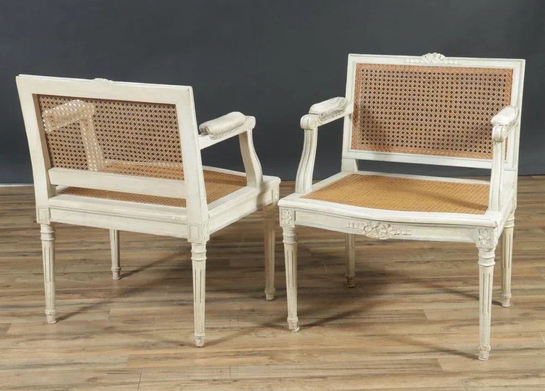 Early 20th Century Louis XVI Style French Fauteils Chairs With Cane and Paint - 6