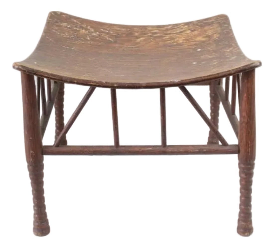 Early 20th Century Thebes Egyptian Revival Bentwood Oak Stool: Egyptian Revival Bentwood Thebes Stool. Nice details including bentwood concave seat, turned and tapered legs and angled struts on the sides. Dimensions are 14 in h x 17 in w x 17 in d. Condition is g