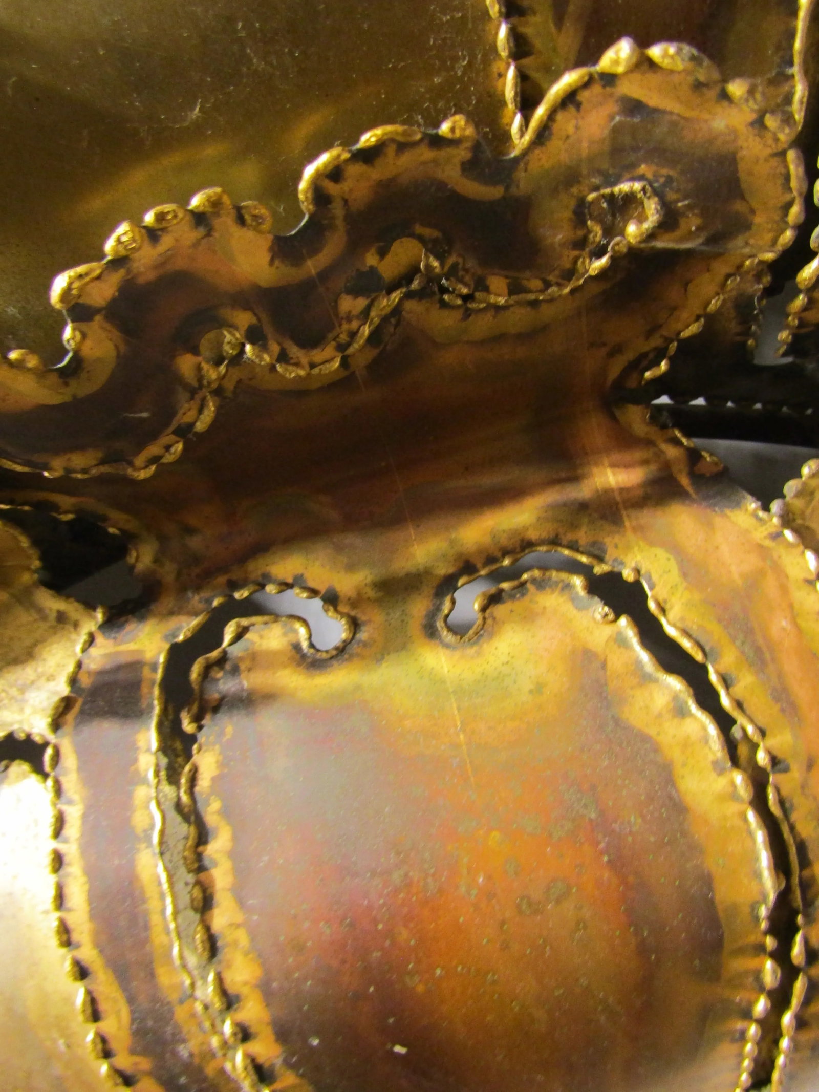 MCM Brutalist Torch Cut Brass Tom Greene Style Convex Round Wall Mirror C 1970s - 13