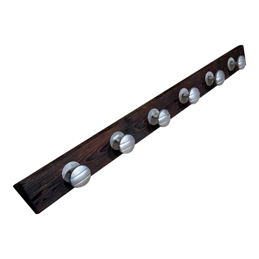 Set 7 Aluminum Coat Racks Hooks Europe Jean Prouve Era Mid Century: For your consideration, a vintage mide century modern set of seven (7) aluminum coat racks or hooks. Made in Europe circa the 1950s. Mounted in a distressed pine wood plank. No information on the make