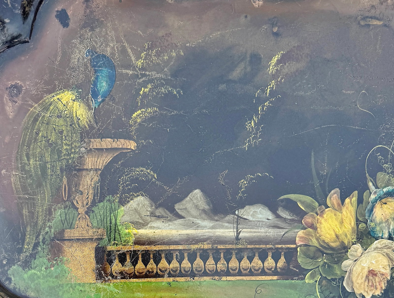 Hand-Painted Tray Table With Peacock & Garden Scene - 12