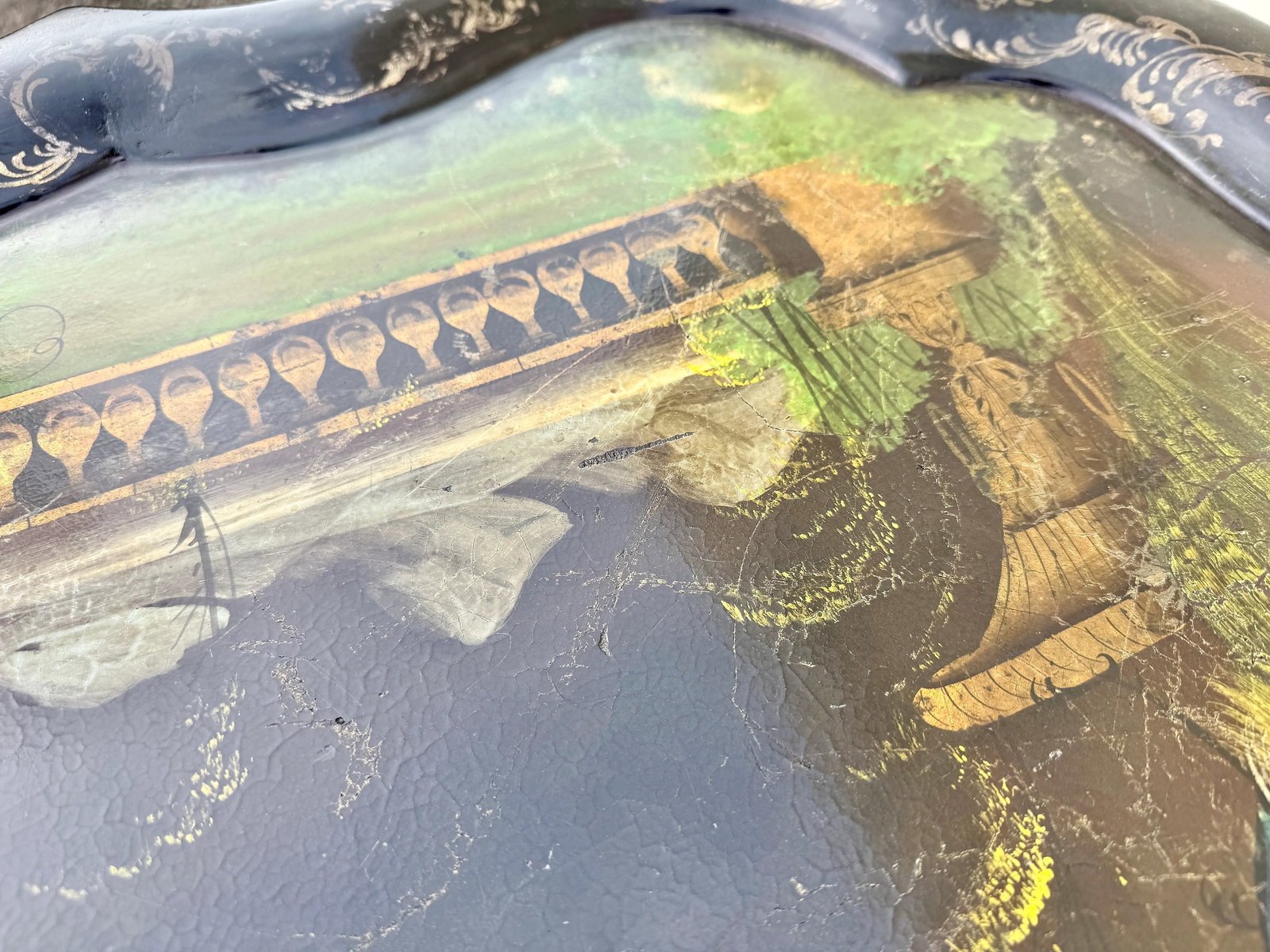 Hand-Painted Tray Table With Peacock & Garden Scene - 13