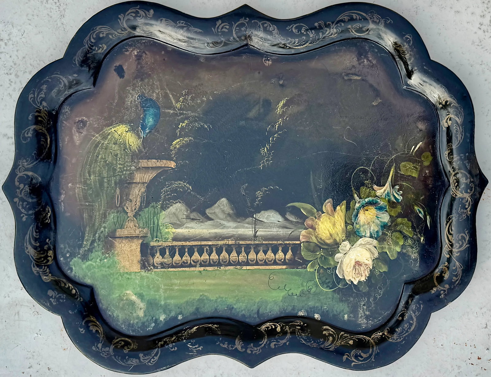 Hand-Painted Tray Table With Peacock & Garden Scene - 2