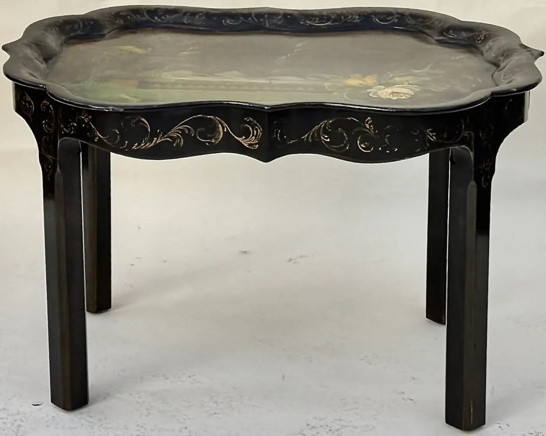 Hand-Painted Tray Table With Peacock & Garden Scene - 3