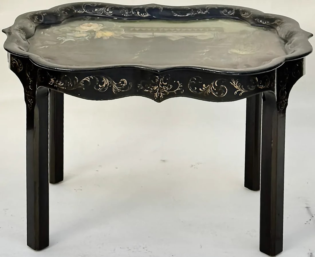 Hand-Painted Tray Table With Peacock & Garden Scene - 5