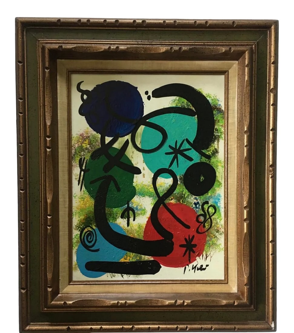 1970s MirÃ³vian Style Abstract Acrylic Painting by Peter Keil, Framed: Peter Keil is a German artist that focuses primarily on abstract expressionism. Keil painted with some of the greats including Joan MirÃ³, Pablo Picasso and Andy Warhol, to name a few. This