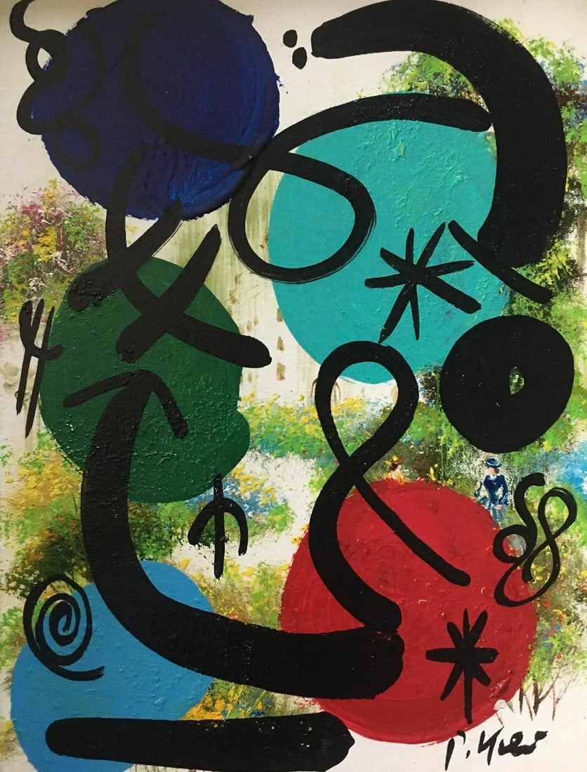 1970s MirÃ³vian Style Abstract Acrylic Painting by Peter Keil, Framed - 2