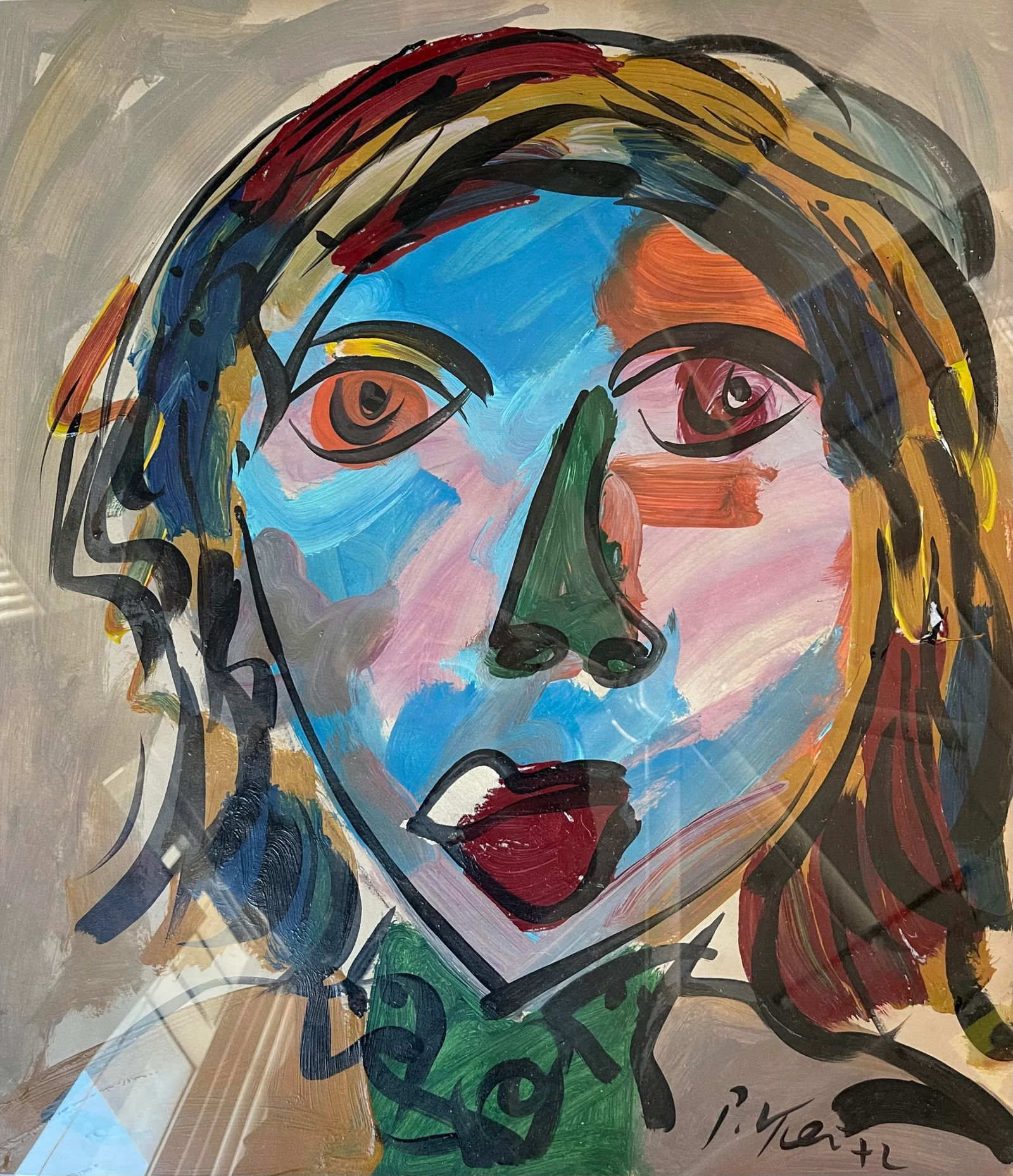 1970s Abstract Face Acrylic Painting by Peter Keil, Framed - 2
