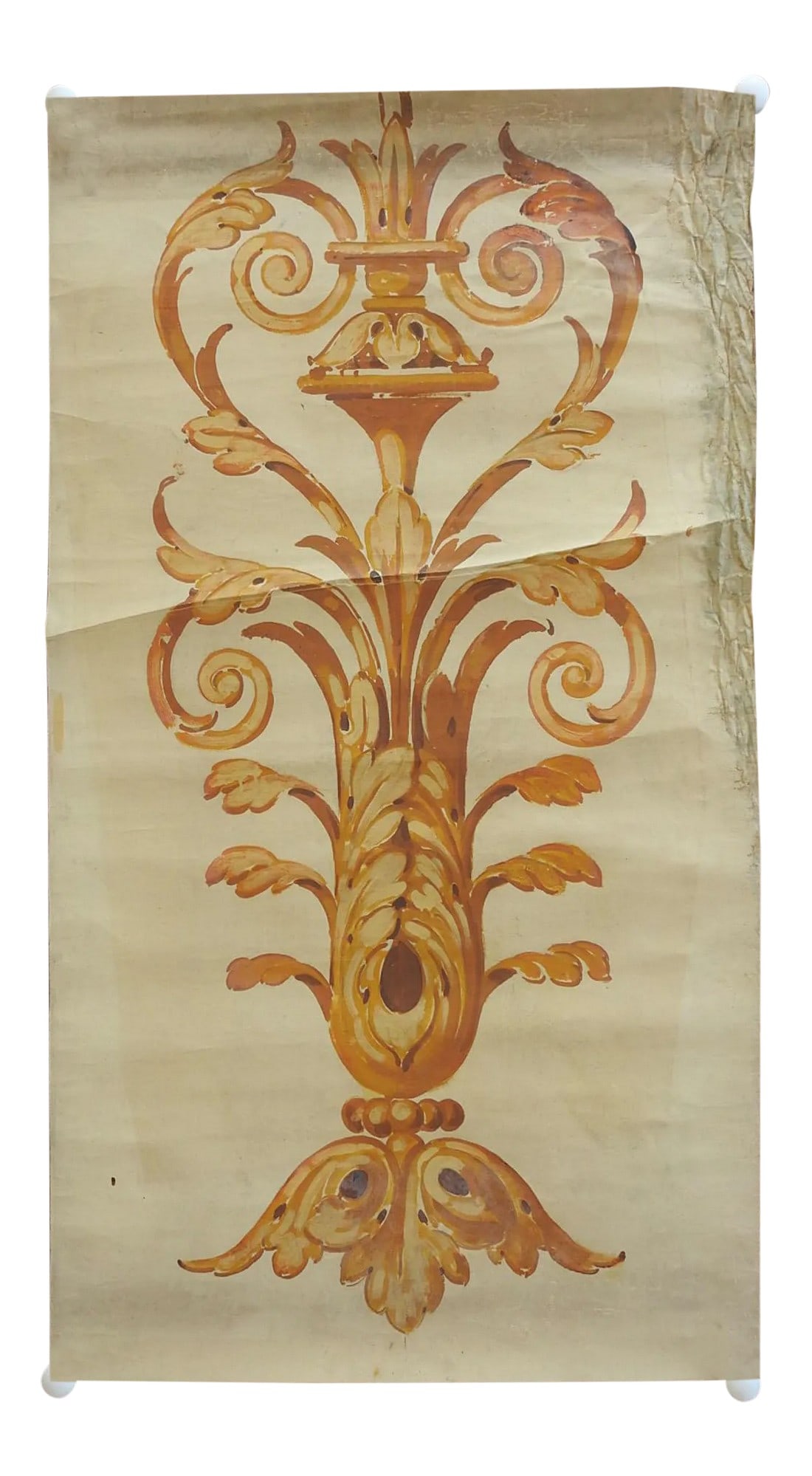Vintage Distressed Ochre Renaissance Motif Painting: Vintage oil on canvas painting of Renaissance motif by Geneva Flores Hart Fell (1906 - 2008) Texas. Flat canvas, likely for interior wall decoration. Unsigned, from the artists estate. Distressed cond