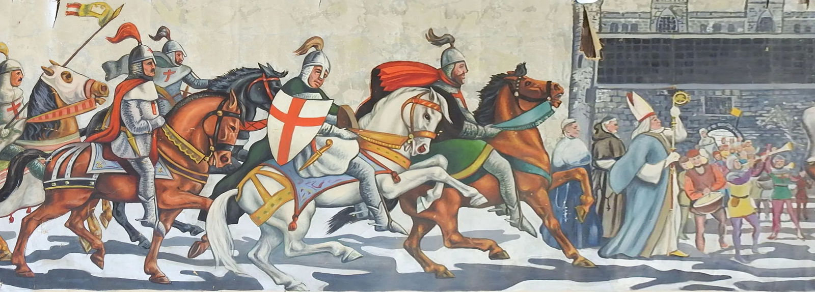 Vintage Mid Century Knights & Horses Procession Mural Painting - 7