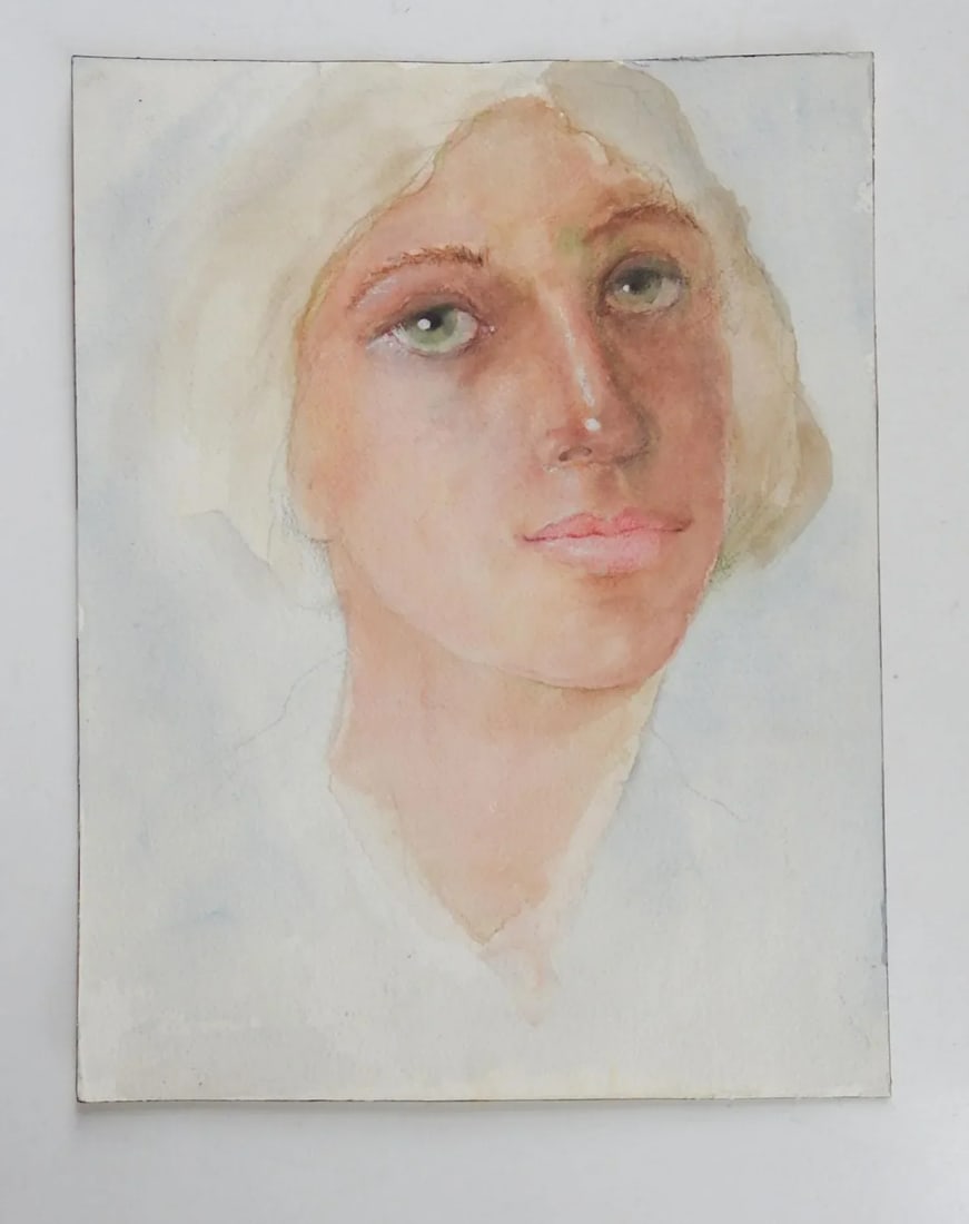 Late 20th Century Portrait Green Eyed Woman Watercolor Painting - 2