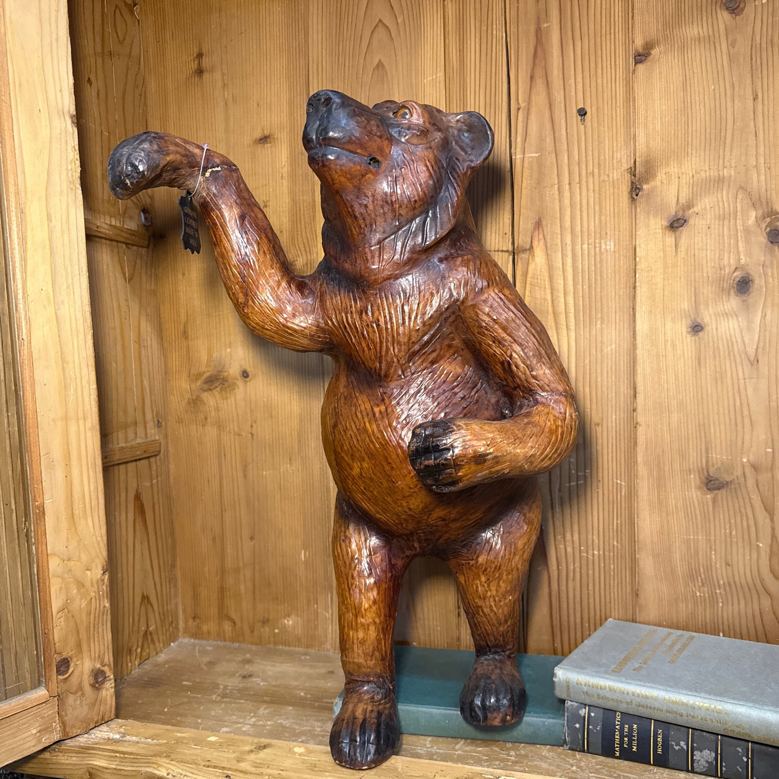 Large Standing Bear Sculpture Sculpted Leather With Glass Eyes - 4