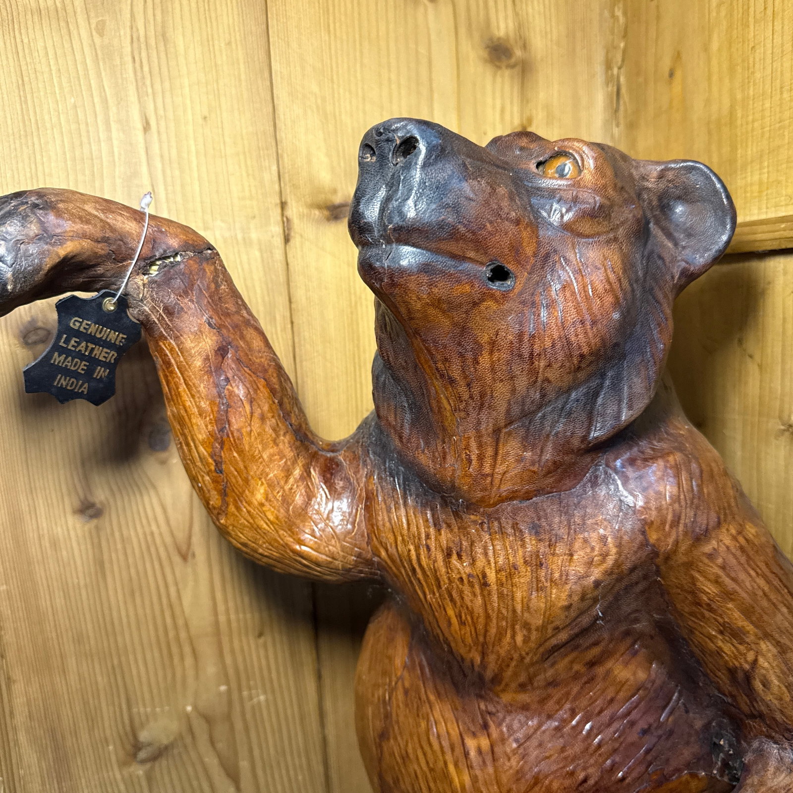 Large Standing Bear Sculpture Sculpted Leather With Glass Eyes - 9